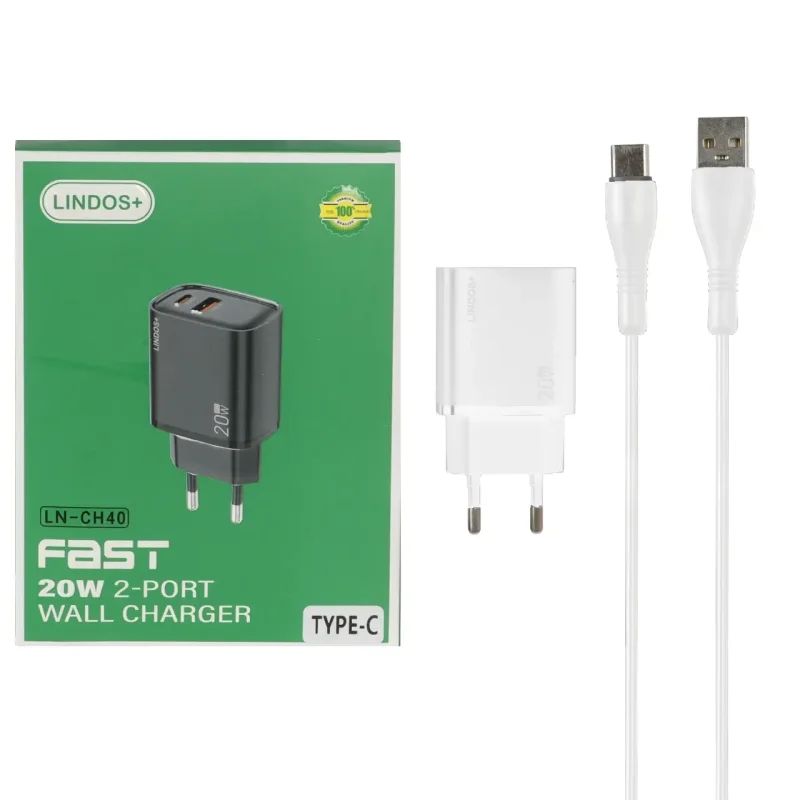 شارژر دیواری PD و فست USB-A دو پورت +Lindos مدل LN-CH40 20W به همراه کابل شارژ Type-C
