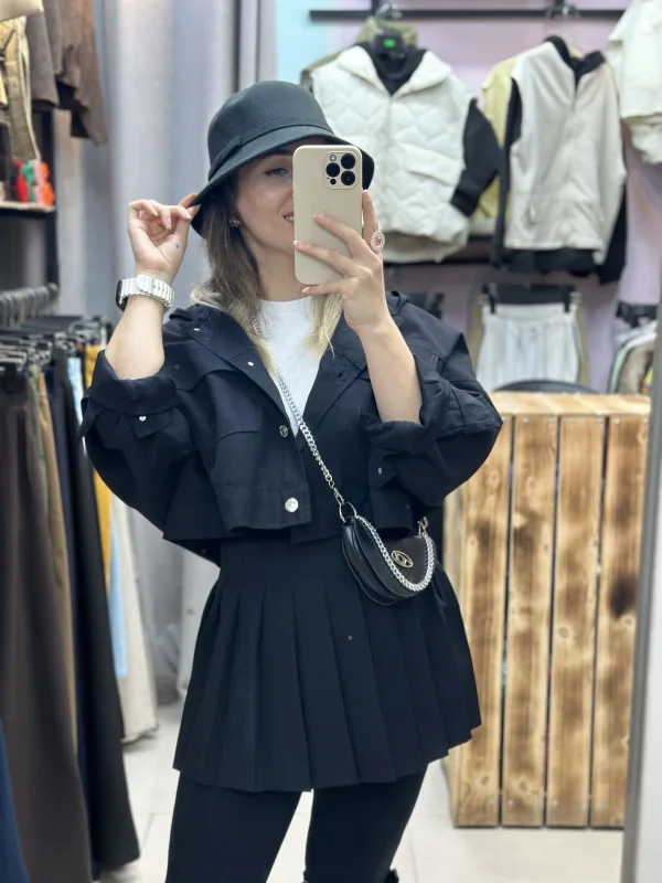 کت کراپ کلاهدار+دامن پلیسه